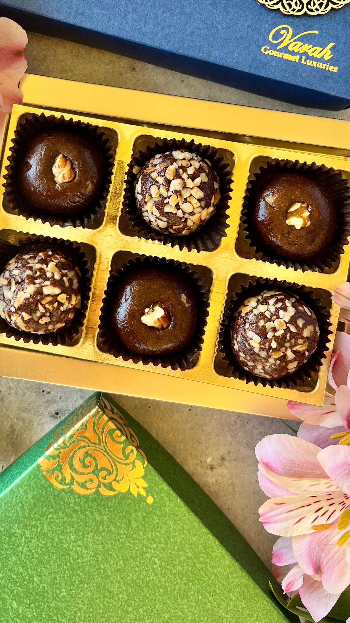 Chocolatey Fudgey bites in a gold foiled gift box