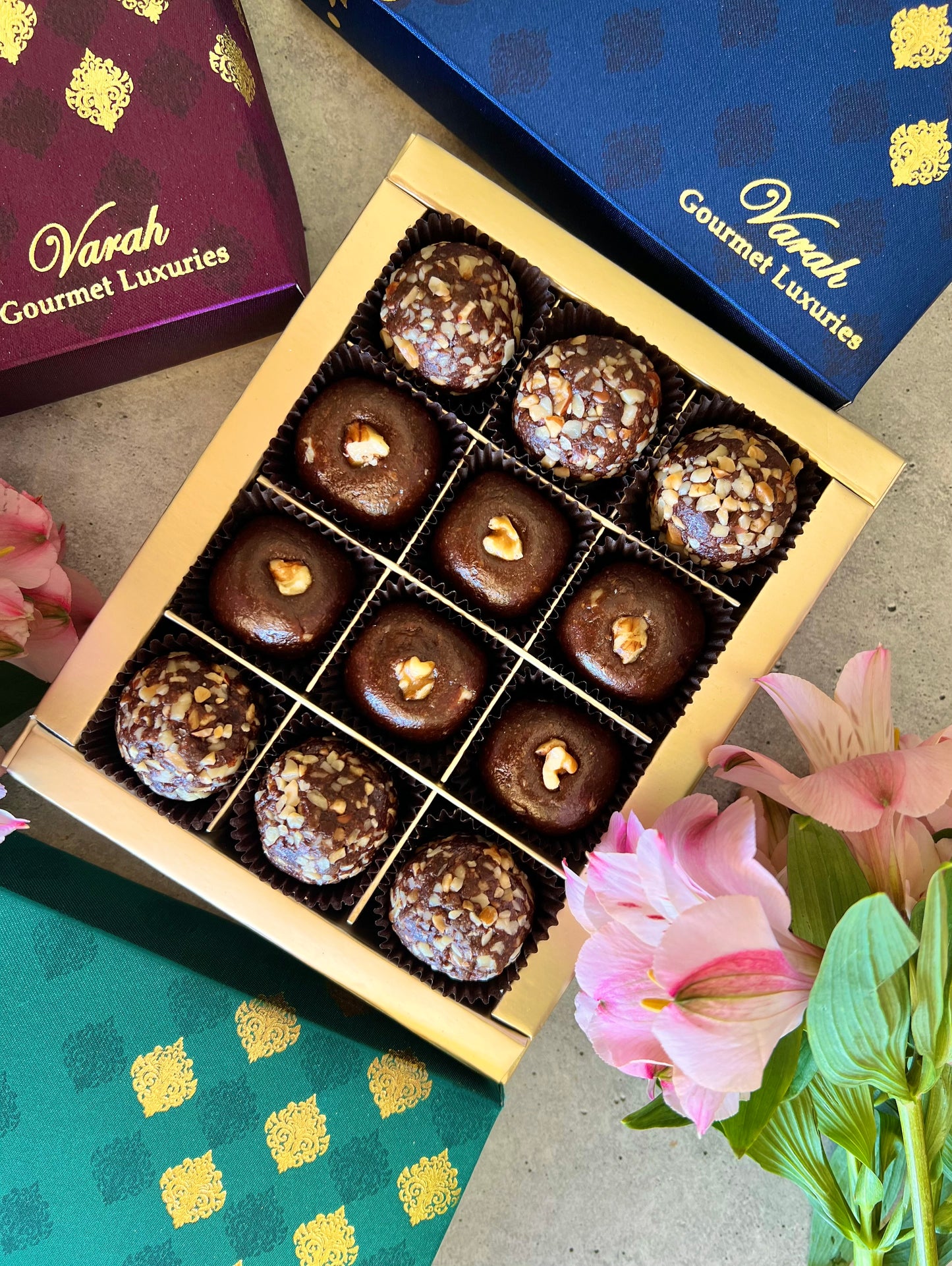 Chocolatey Fudgey bites in a gold foiled gift box