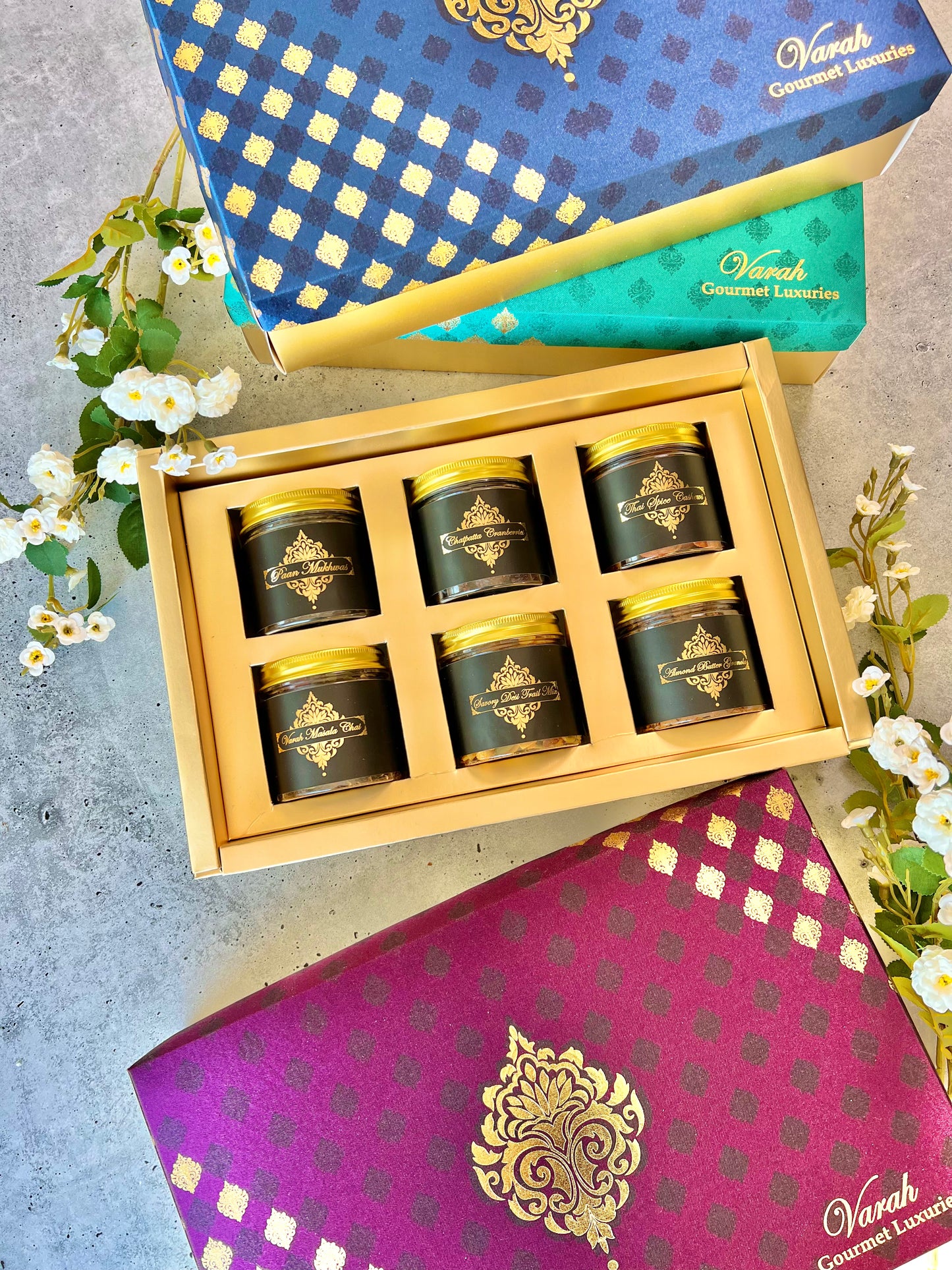 6 Varah Snack Jars in a gold foiled gift box