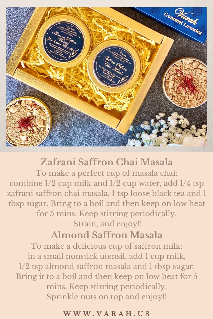 Saffron Spice Blends  in a gold foiled gift box with a silk satin finish, instructions for Zafrani Saffron Chai and Almond Saffron milk included